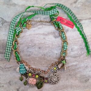 Betsey Johnson Vintage Critters Floral Owl With Charm Ribbon Statement Necklace